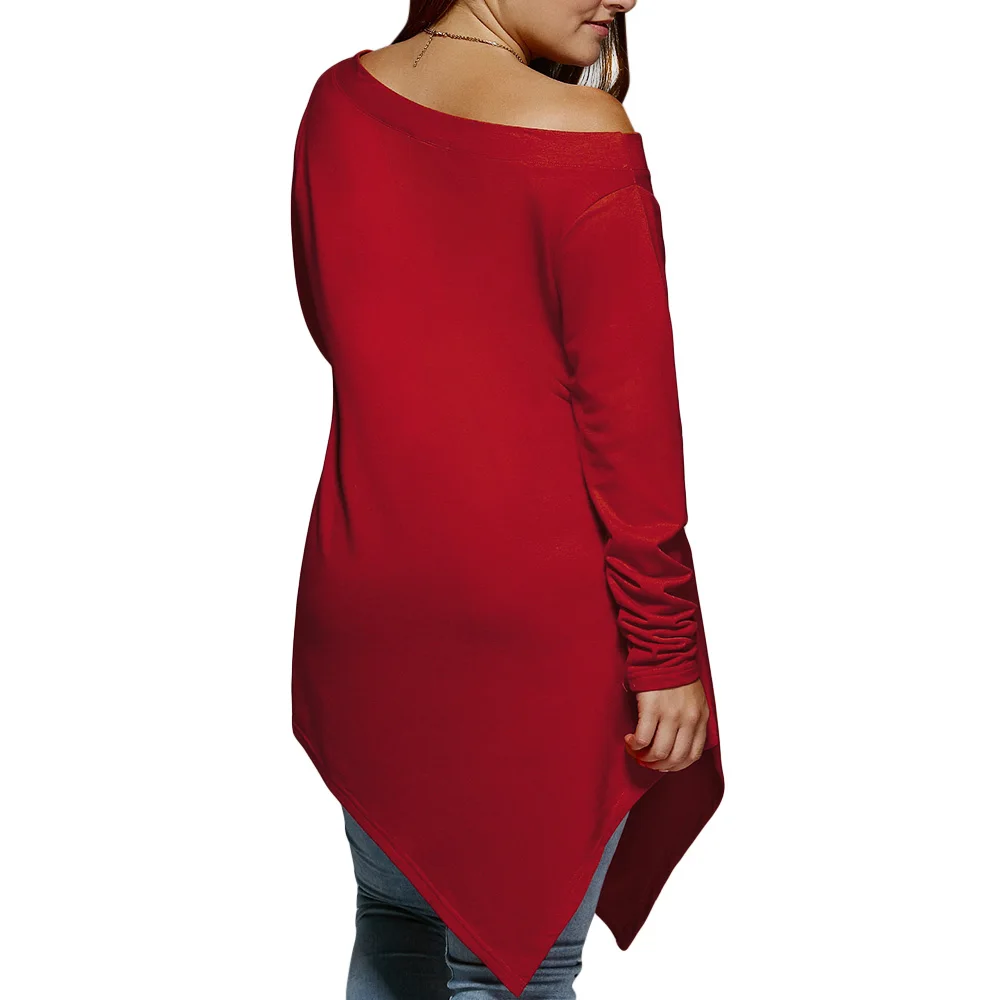 Wipalo Plus Size 5XL Christmas Skew Neck Asymmetrical T Shirt Casual Long Sleeve Cold Shoulder Xmas Tee Women Fall Winter Tops|Футболки| |