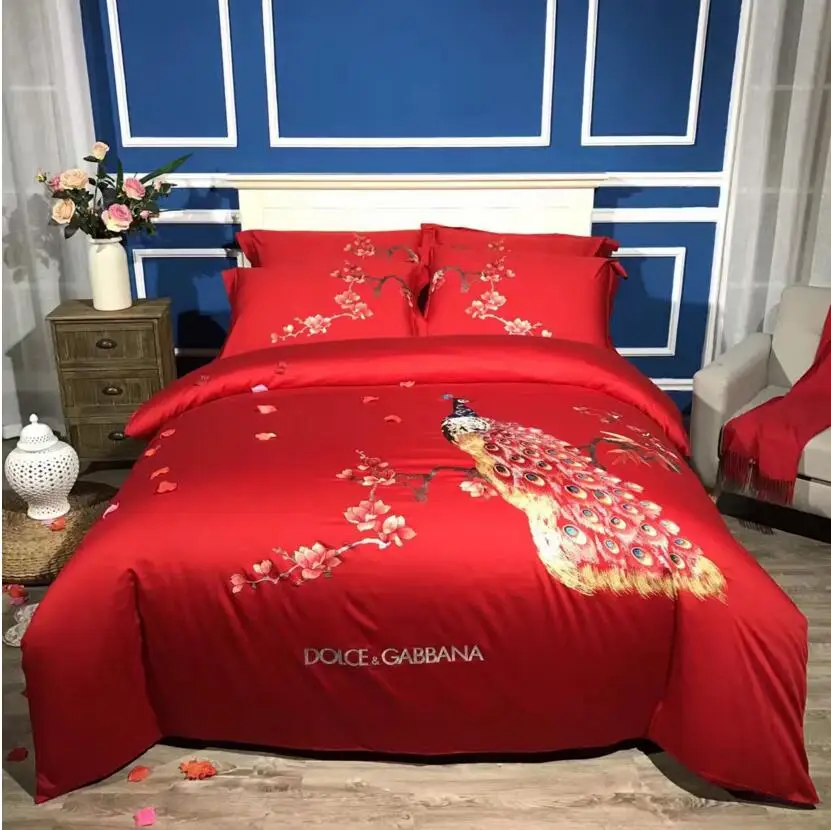 100 Cotton Red Embroidered bedclothes bedding set luxury solid color wedding bed cover Bohemia