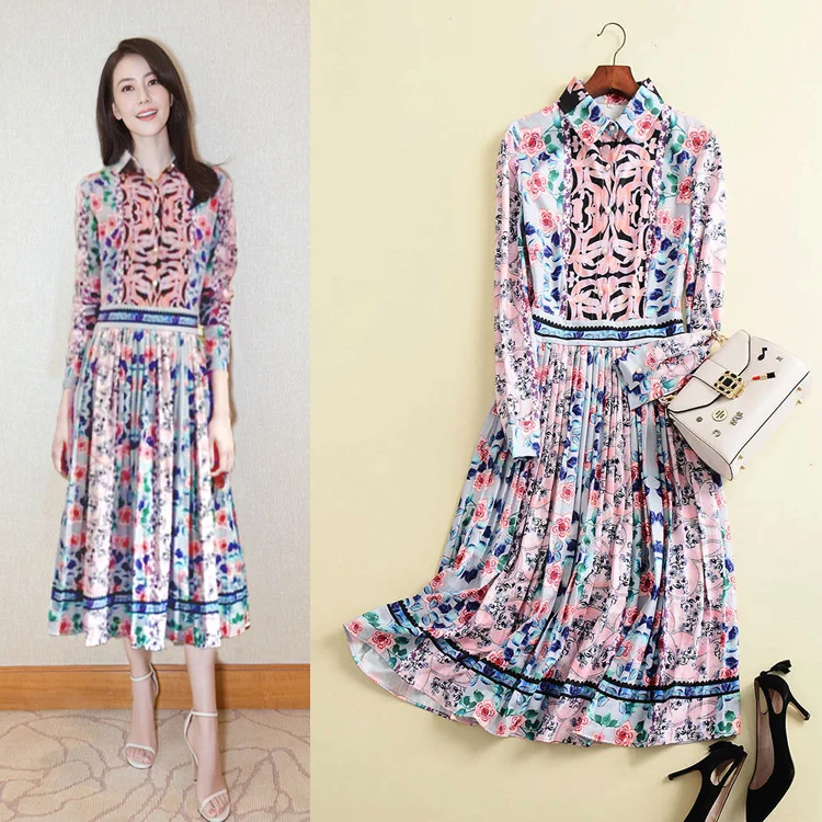 Une Longues Le Mince Imprimé Mi Bas Pic Ligne Vers Vente 2018 Femmes mollet Robe Tournent De Automne Élégant Manches As Mode Chaude Empire 6paAPFx