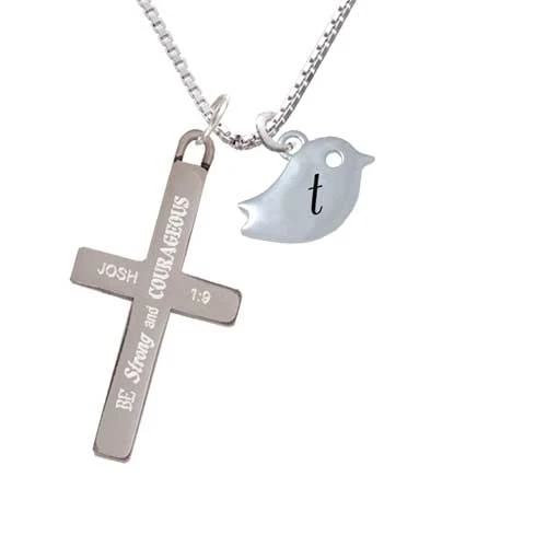 Little Bird Initial - T - - Strong and Courageous - Cross Necklace (1)