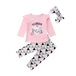 Младенческой новорожденных для маленьких девочек цветочный улыбка одежда костюм малыша Детская футболка для девочек топы и длинные штаны