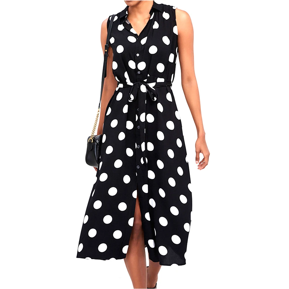 Button down Daily Women Dress Midi Polka Dot Front Lace Up Causal Party