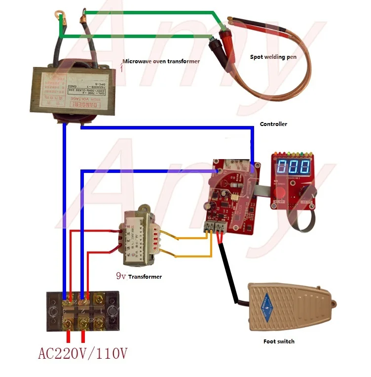 100A двойной импульсный точечный сварочный агрегат DIY монтажный комплект точечной сварки трансформаторный контроллер