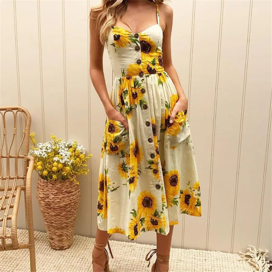 

2019 Women Sunflower Printed Sleeveless Vestidos V Neck Button Holiday Beach Dress Party Night Clothes Dresses New