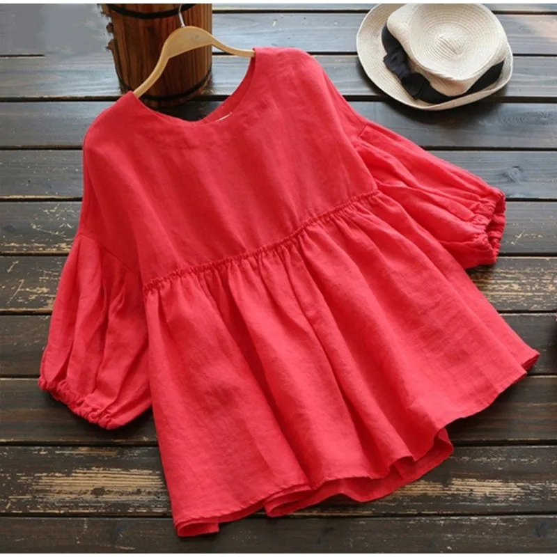 Plus Size 5XL Ruffled White Tunic Women Soft Blouse 2019 Half Lantern Sleeve Solid O-neck Loose Summer Female Tops Lady Blouses