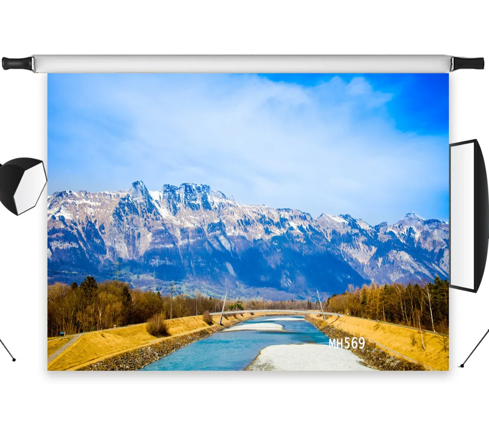 Polyester &amp Vinyl Dreamy Snow mountain Autumn Nature Small river Studio Backdrop Photography Photo Props Photographic Background |
