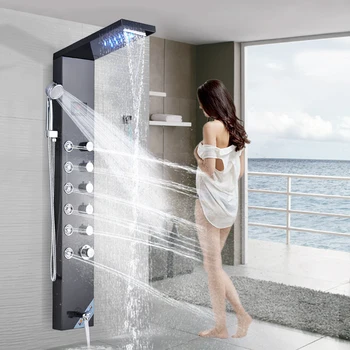 

Newly Luxury black Bronze Bathroom Shower Faucet LED Shower Panel Column Bathtub Mixer Tap With Hand Shower Temperature Screen
