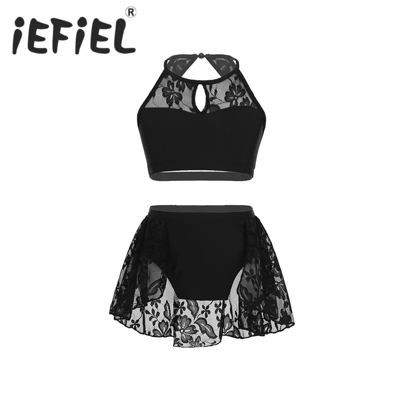 Cute Kids Girls Dancewear Outfit Halter Lace Splice Crop Top with