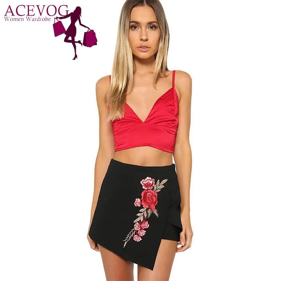 Waist Medium Women Embroidery Floral Culotte Asymmetric Hem Slim Casual