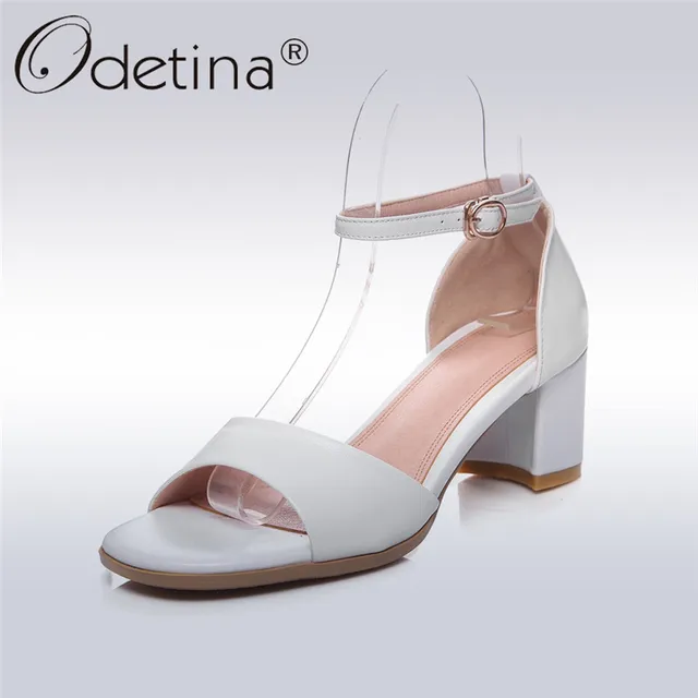 Odetina 2018 New Fashion Genuine Leather Sandals Women Ankle Strap Open Toe Shoes Chunky Heel Ladies Concise Dress Shoes Summer