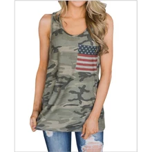 Американский День Независимости Женская камуфляжная рубашка без рукавов американский флаг карман лоскутное майка жилет спортивные футболки Йога Топ
