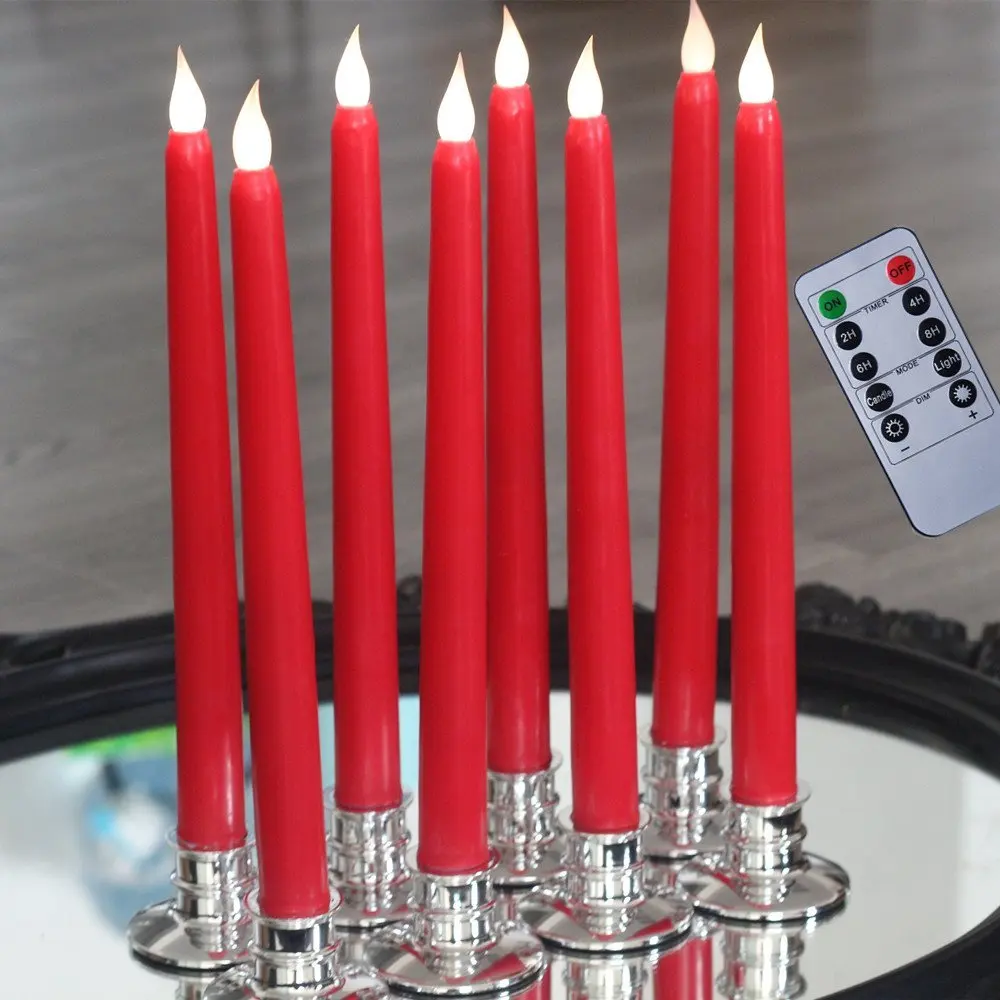 10 Piece Red Flameless Taper Candles With Remote and Timer for Wedding