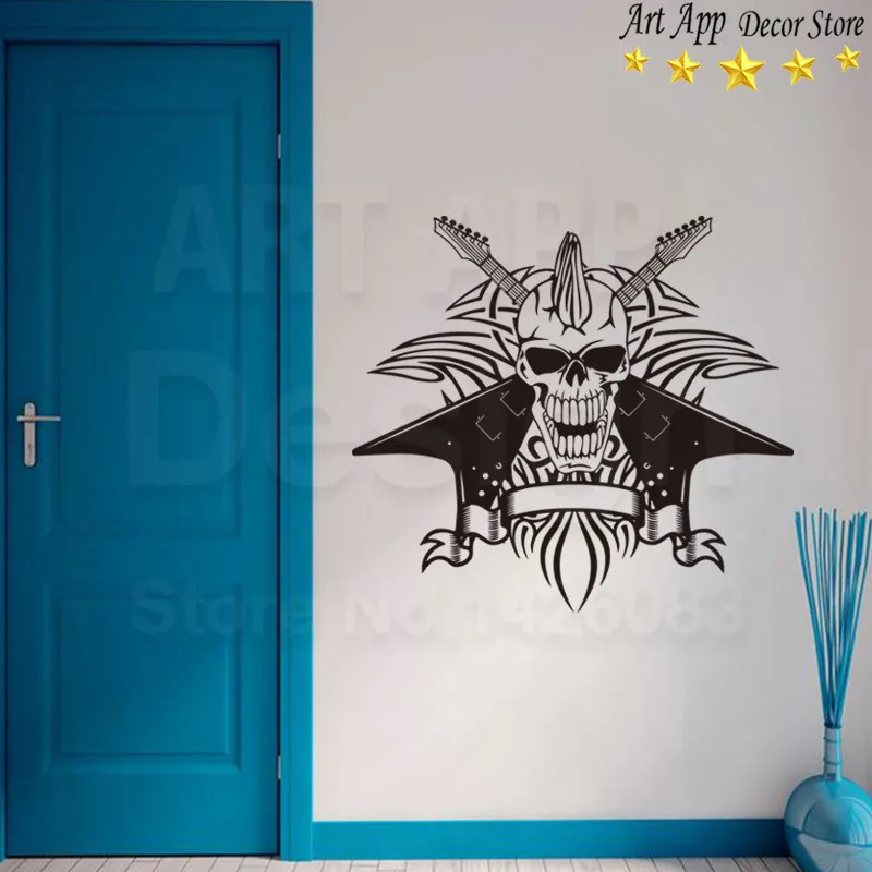 

Top quality new design art cheap home decoration vinyl crazy music skull wall sticker removable PVC cool skeleton room decals