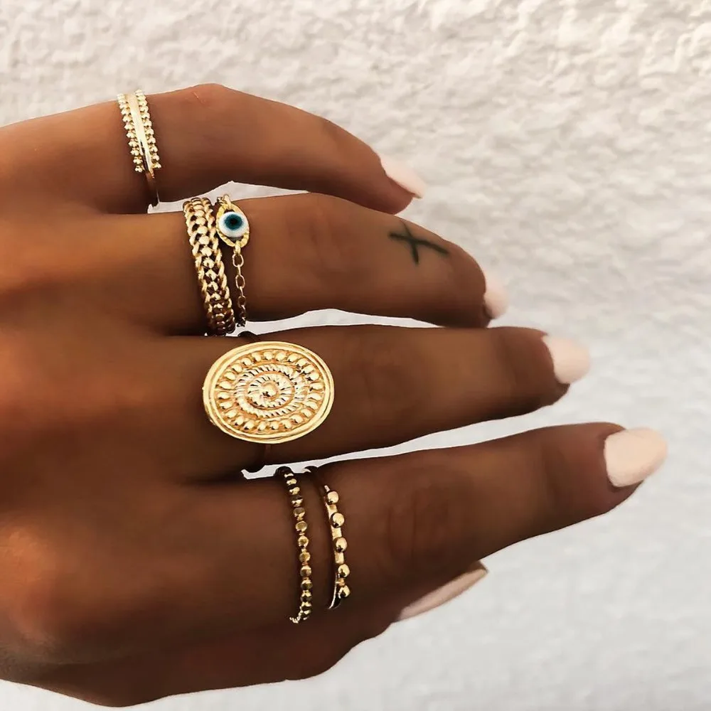 

6 pc/set Charm Gold Color Metal Eye Midi Finger Ring Set for Women Vintage Boho Chain Bead Knuckle Party Rings Punk Jewelry Gift