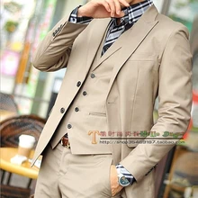 Сшитое высокого качества шерсти Мужчины костюм(Куртка+ брюки+ жилет) формальные свадебные жениха платье жених смокинги бежевый