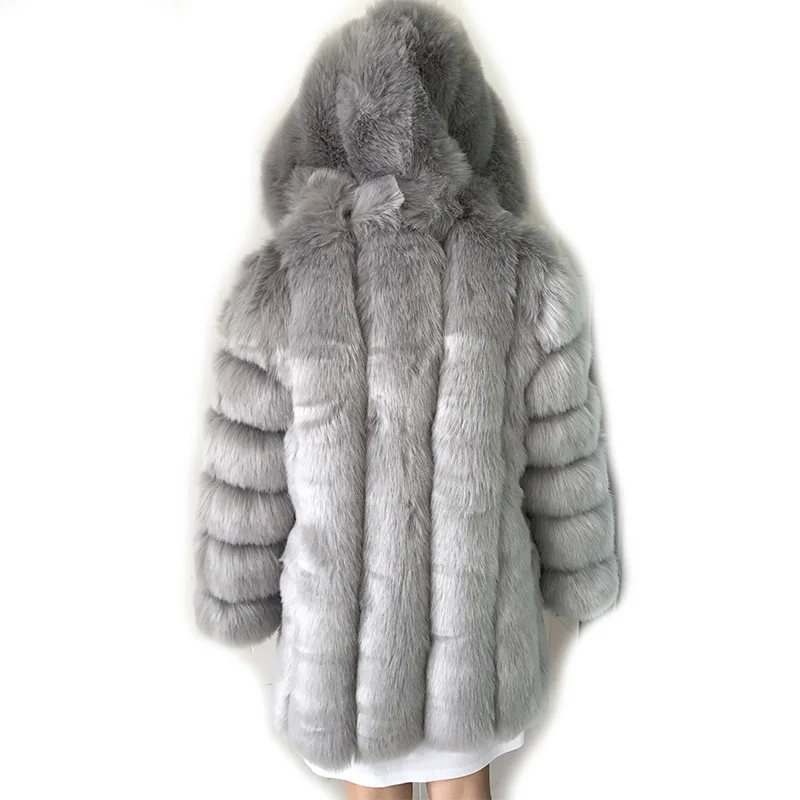 Для женщин теплая шуба из искусственного лисьего меха с капюшоном Женская зимняя обувь длинная куртка C мехом верхняя одежда Искусственный серый лисий мех пальто для Для женщин LJLS016