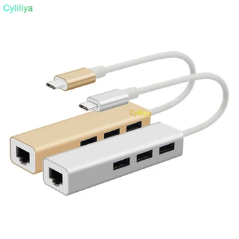 

50pcs Type-c To LAN RJ45+3 USB 3.0 Hub Muti-function Gigabit Ethernet Adapter 1000Mbps for MacBook Pro PC