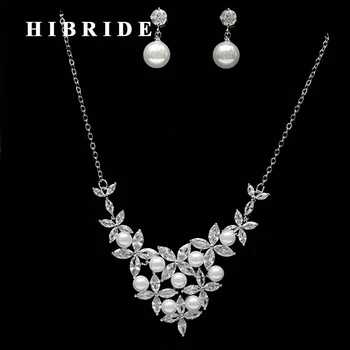 

HIBRIDE Brazil Style Flower Clear Cubic Zirconia Pearl Jewelry Sets Women Bridal Necklace Earring Set Dress Accessories N-261