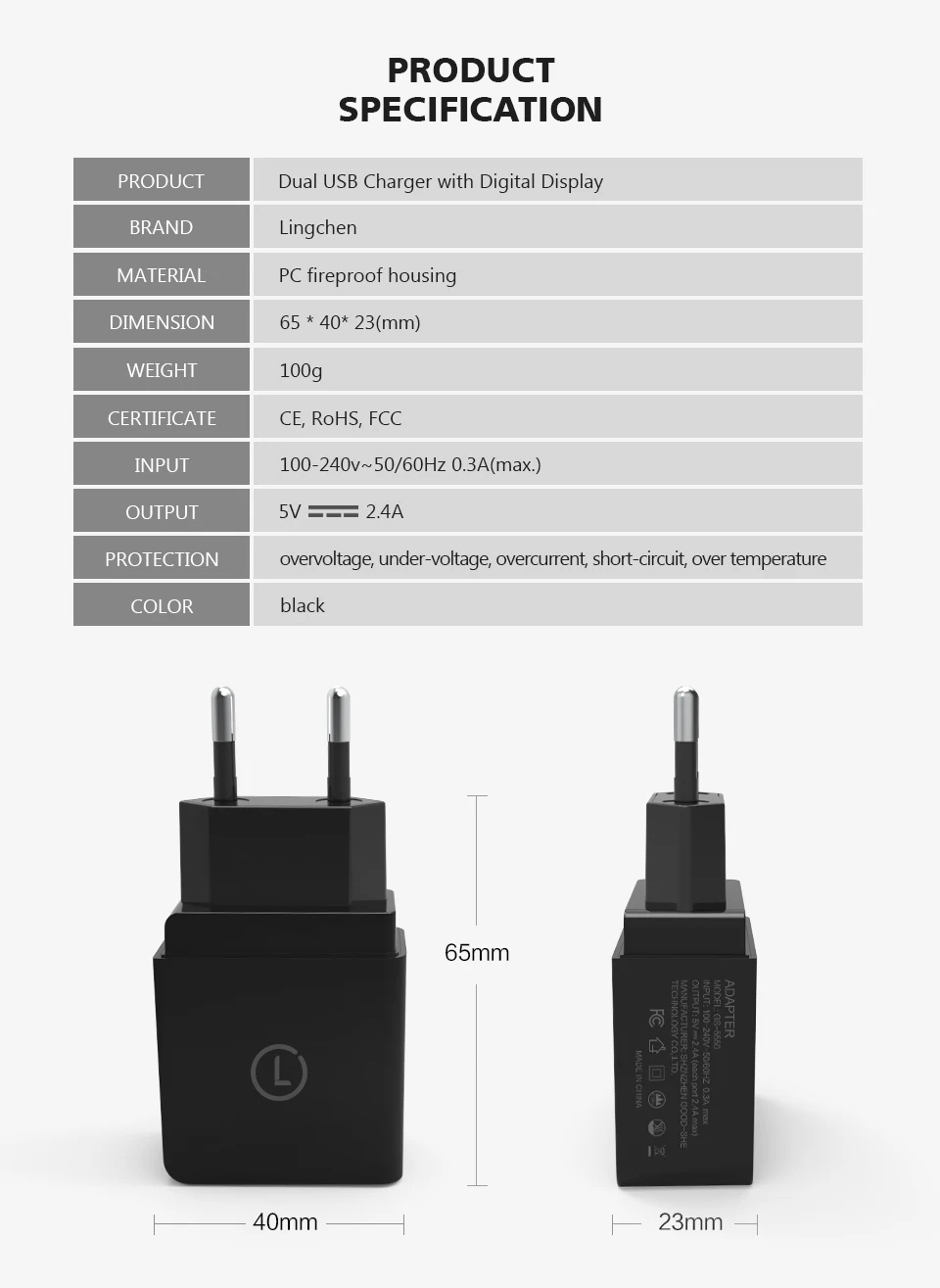 LINGCHEN светодиодный дисплей 2 USB зарядное устройство 2.4A Универсальное зарядное устройство для мобильного телефона Быстрая зарядка настенное зарядное устройство для samsung для iPhone планшета