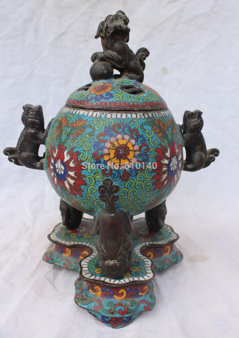 

12" Marked Bronze Cloisonne Enamel Foo Fu Dog Ball Lion Incense Burner Censer