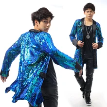 DJ для певцов в ночном клубе Мужская Звезда правая Zhi-Длинные цветные расшитые пайетками костюмы костюм куртка и длинные секции костюм пальто одежда