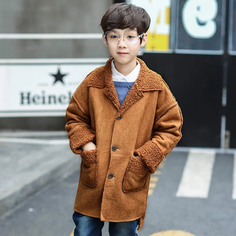 Winter Khaki Jacket for Boys Wool Blends Coat Kids Turn Down Collar