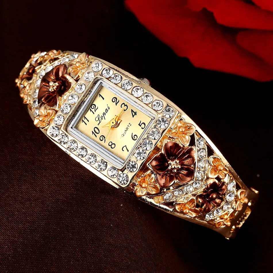 Часы Lvpai, лидер продаж, модные, повседневные, женские, браслет, часы, сплав, цветы, бриллиант, наручные часы, платье, кварцевые часы - Цвет: Brown