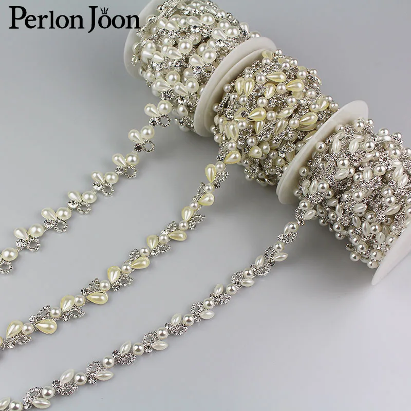 

1yard Three styles pearl crystal chain rhinestones trim Ribbon metal chain for dress, bag, shoes accessories ML008-1.2.3