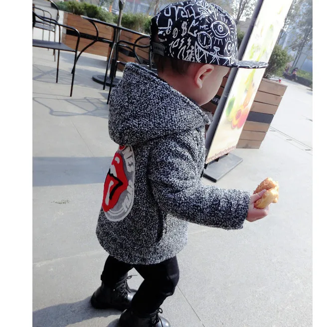 High Quality New Boys Kids Winter Hooded Coat Baby Cute Lips Double-breasted Jacket Plus Velvet Warmer Children clothing 1-4Y