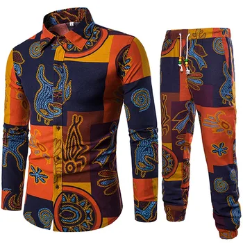 

Mens Casual Long Sleeve Shirt Business Slim Fit Shirt Print Blouse Top+Pants