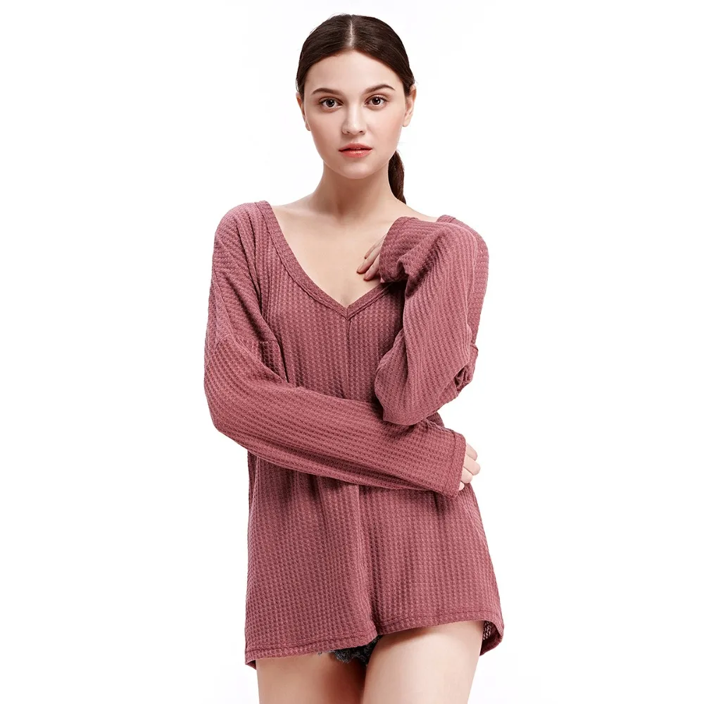 Puseky для женщин осень вязаный свитер с длинным рукавом V образным вырезом однотонная Свободная рубашка пуловер Верхняя одежда Топы Корре