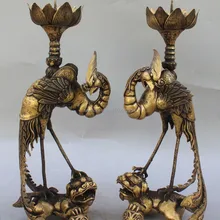 1" Китайский Чистая Бронзовый феникс Благоприятный Лев Зверь Подсвечник Пара Статуя