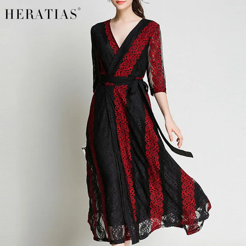 Summer Fashion Women Patchwork Dress V Neck Half Sleeves Belts Casual