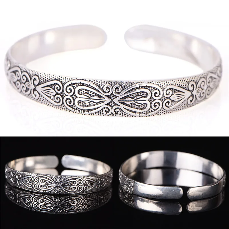 Silver Black Bracelet Men Women Retro Boho Wristband Carve Heart Thai Silver Brand Bracelet New Jewelry Fashion Bangles