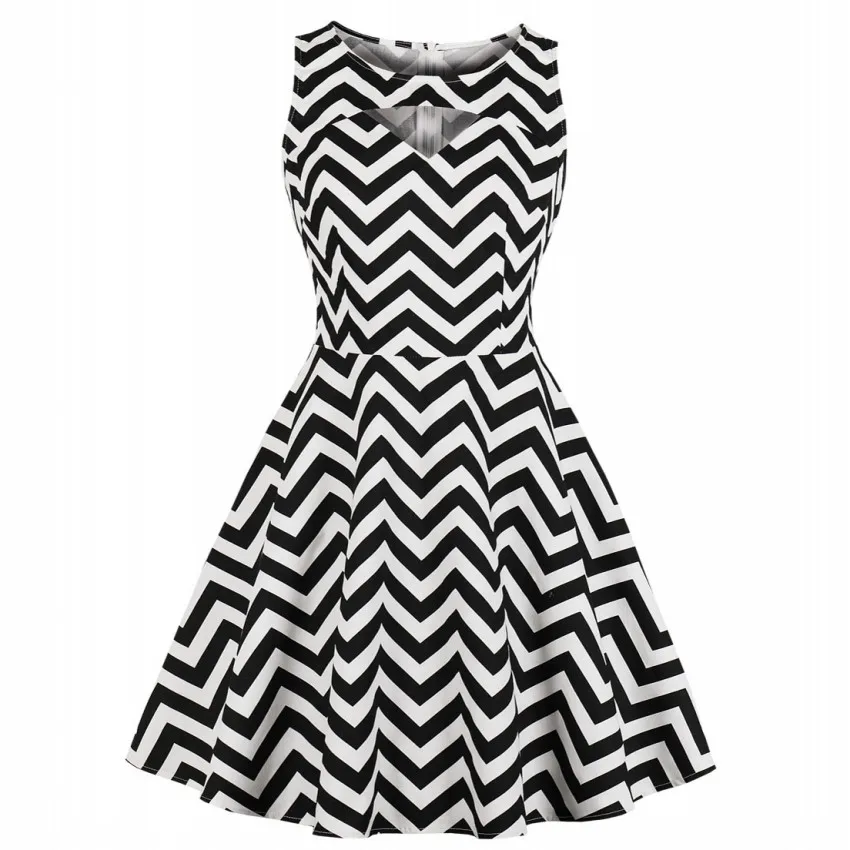 

2019 Summer Black White Waves Stripe Print Women Office Dress O Neck Sleeveless Vintage Dress Rockabilly Swing Feminino Vestidos