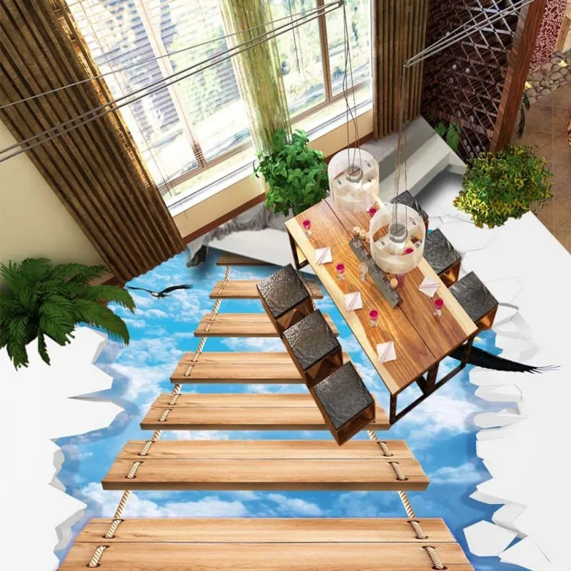 

Free Shipping Outdoor walkway sky wooden bridge 3D Personalized bathroom living room floor wallpaper waterproof mural