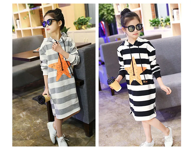 hooded long t shirts dresses for teenage baby girls autumn striped star printed dress clothing kid casual long sleeve dress baby (12)