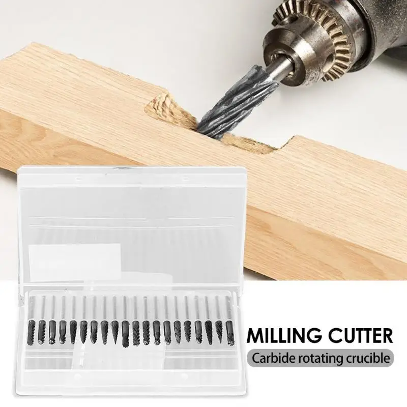 

20pcs/set Carbide Rotary File Tungsten Steel Grinding Head 3mm Shank Milling Cutter Set Wood Carving Engraving Bits