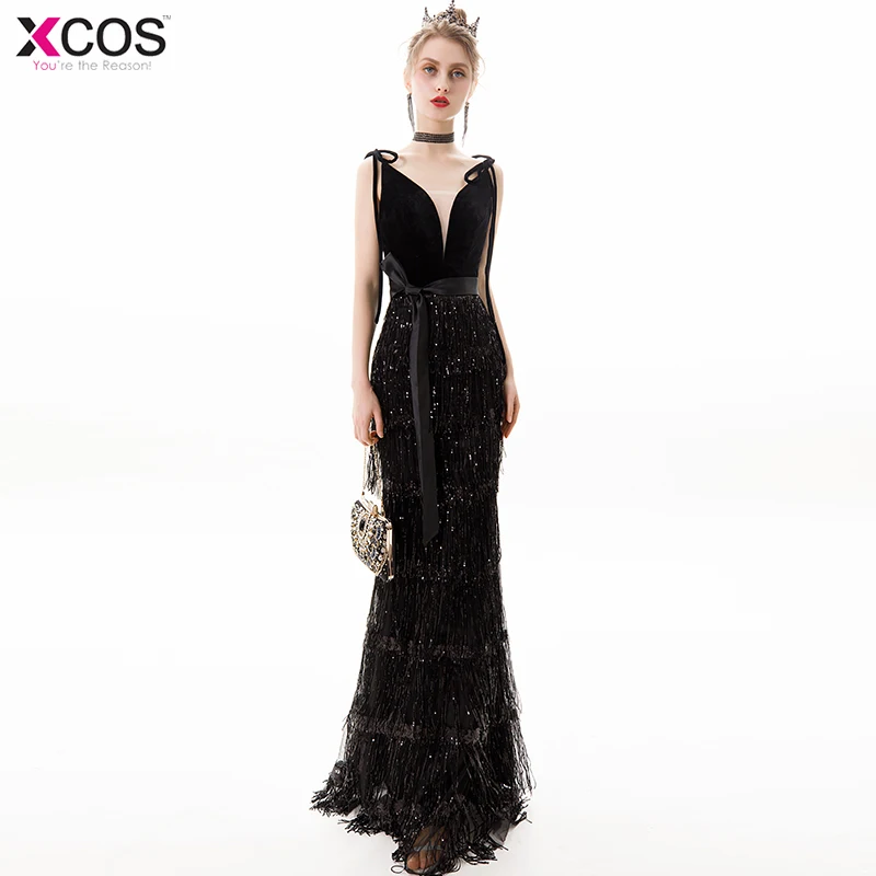 Robe De Soiree V образным вырезом черная Русалка Длинные cексуальные Вечерние платья из бисера с блестками для выпускного вечера вечерние платье Новое поступление