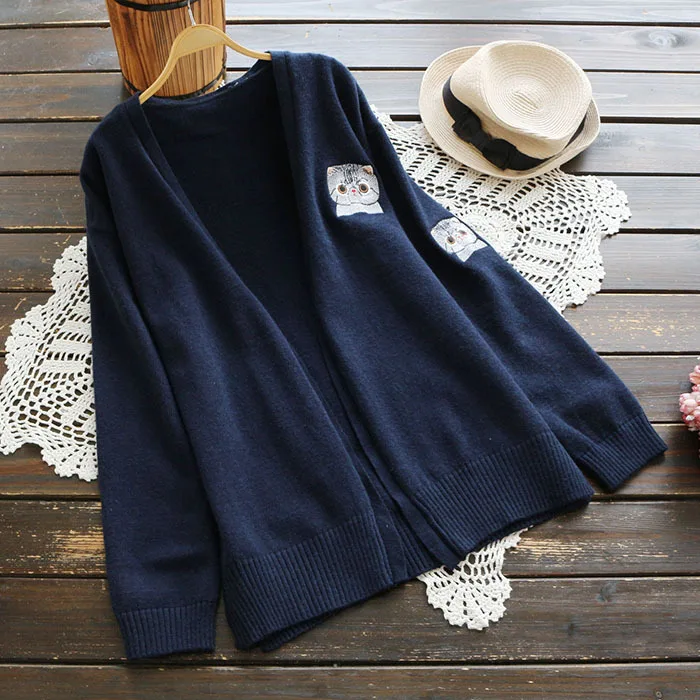 

Big size autumn winter slim sweater coat long sleeves V collar embroidered cat sweaters rabbit wool cardigan jacket yellow top