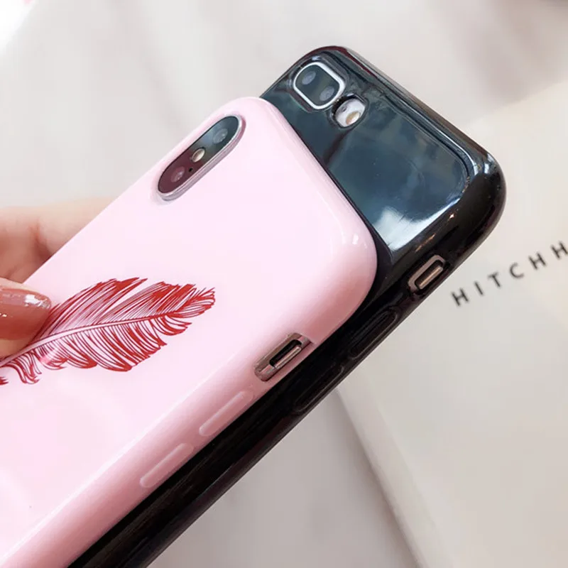 Luxury Glossy Pink Gold Feather Patterned Silicone Case For iPhone 6 6S 7 8 Plus X XS MAX XR Cartoon Soft TPU Couples Back Cover