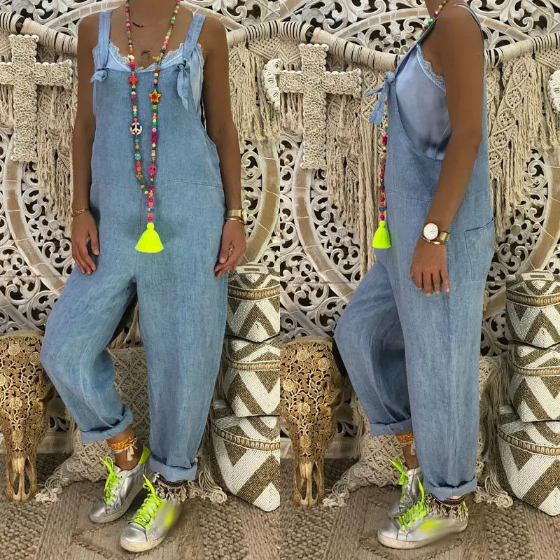 Jumpsuits Women Sleeveless Denim Jeans High Street Playsuits Overalls Straps Jumpsuit Straight Trousers