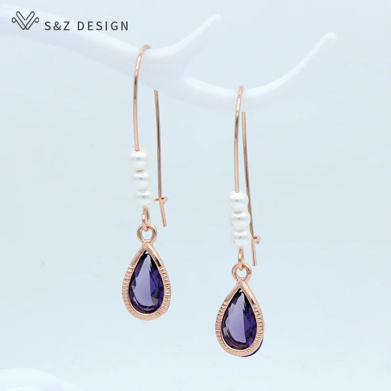 

S&Z 2019 Trendy Long Water Drop Dangle Earrings 585 Rose Gold Cubic Zirconia Pearl Eardrop Fashion For Women Party Jewelry Gift