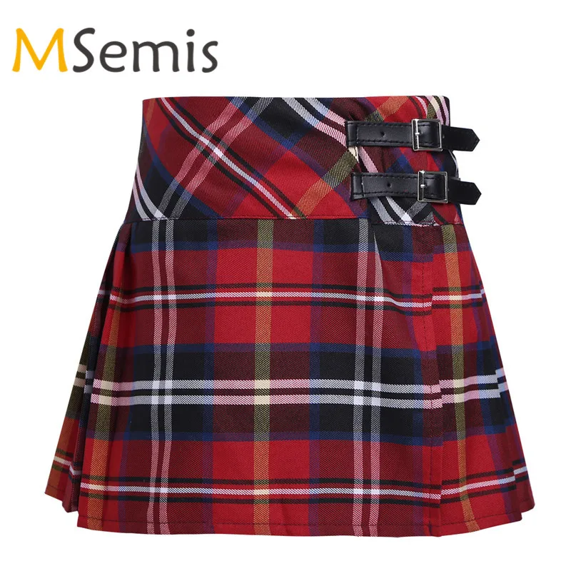 

Kids Girls Skirt Fashion Pleated Side Split Plaid Skirt Tartan Kilt with Faux Leather Buckle Girls A-line Cotton Skirt for Girls