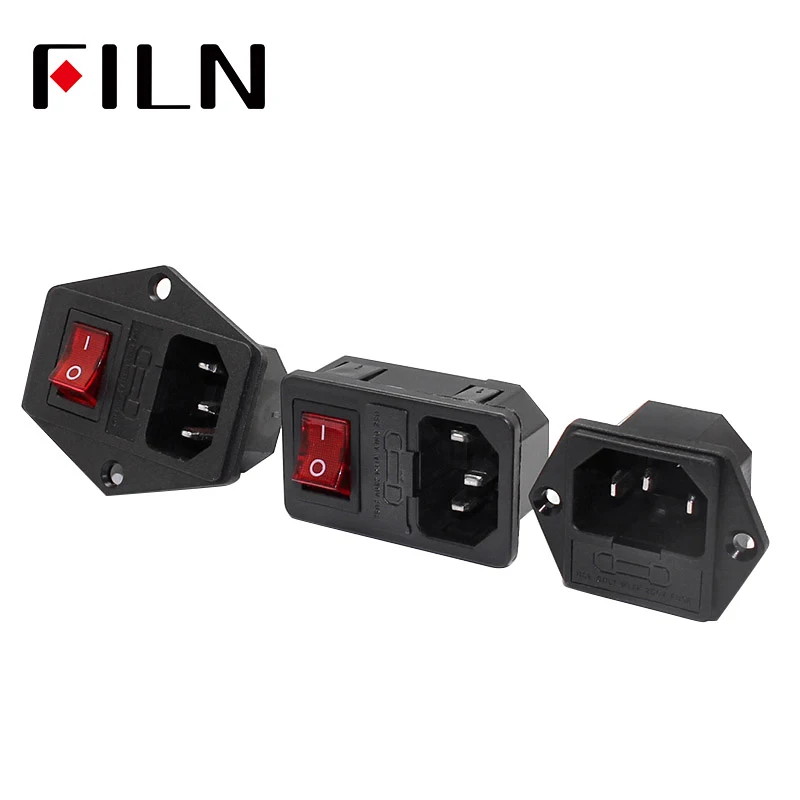

3 Pin iec320 C14 inlet connector plug power socket 250v rocker switch socket red lamp 10A fuse holder socket male connector