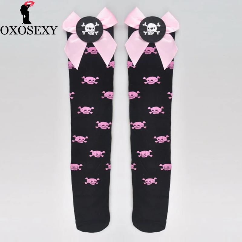 Pink Skull Printed Sexy Lingerie Nylon Women Fishnet Stockings Sexy Over The Knee Socks Hosiery Thigh High Stockings Nylon 469
