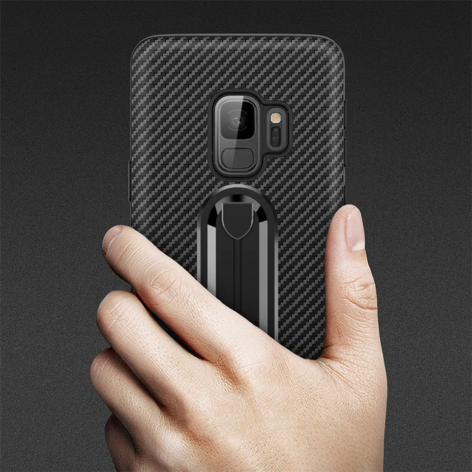 Luxury Carbon Fiber Ring Kickstand Phone Back Case For SAMSUNG Note 9 Note 8 S9+ S8 Plus S7 Edge Soft TPU Shockproof Stand Cover (8)