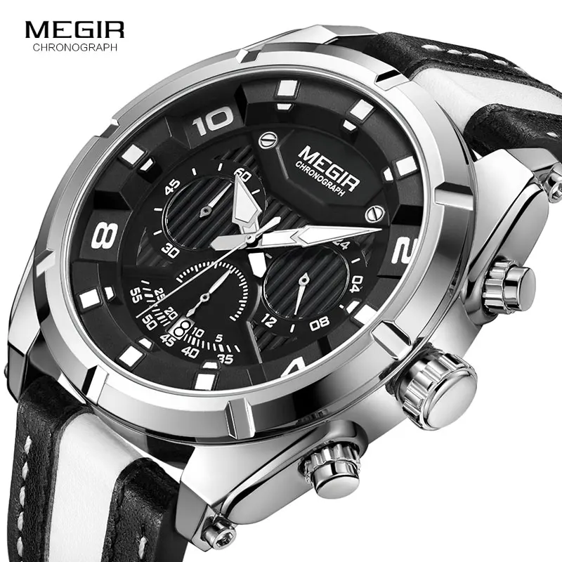 MEGIR Outdoor Sports Quartz Watches Men Top Luxury Brand Chronograph Leather Waterproof Wristwatches Relogio Masculino 2076 megir men creative fashion quartz wristwatches luxury top brand waterproof sports watches leather strap clock relogio masculino