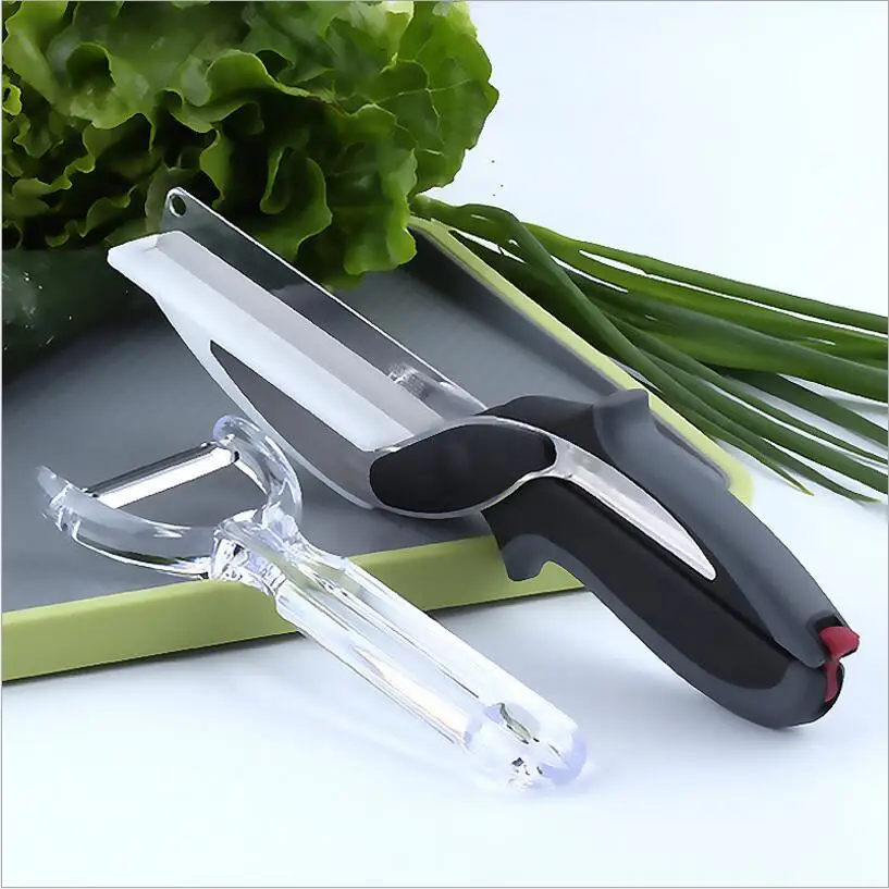 Clever Smart 2 in 1 Food Scissor Cutter Set Knife&board Stainless Steel