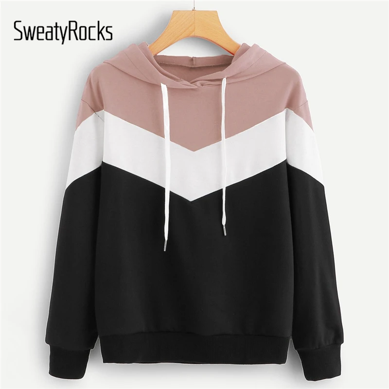

SweatyRocks Casual Colorblock Drawstring Hoodie Sweatshirt Long Sleeve Pullover Tops 2018 Autumn Women Active Wear Sweatshirts